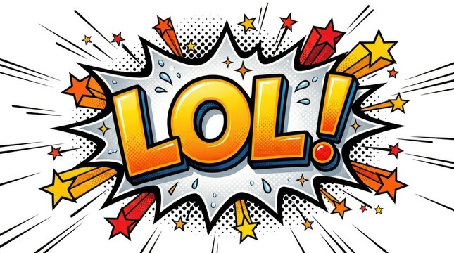 Cartoon comic pop art style lol exclamation with colorful stars and lines on white background