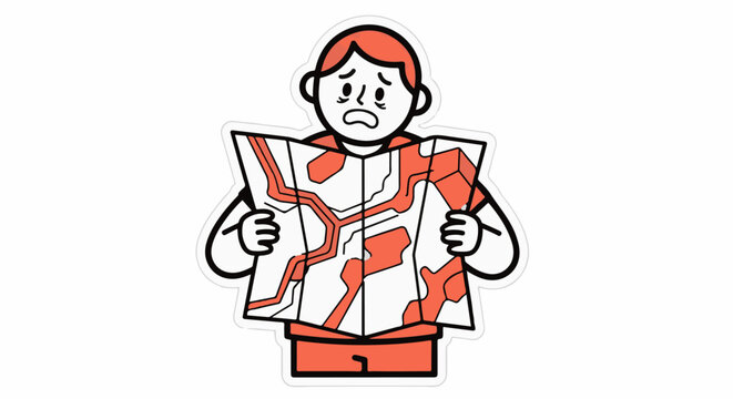 Confused cartoon person holding complicated map directions.