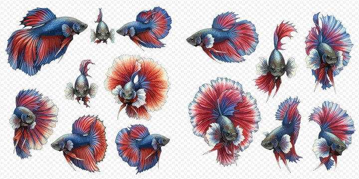 Set of colorful Betta fish, also known as Siamese fighting fish, in various poses and angles, isolated on transparent background.