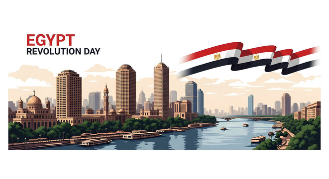 Egypt Revolution Day Celebration with Cairo City Skyline and Waving Egyptian National Flag