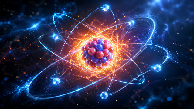 Glowing Atomic Nucleus With Electron Orbits In Space | Quantum Atom Model With Energetic Neon Trails | Bright Nuclear Physics Concept With Blue Orbital Paths