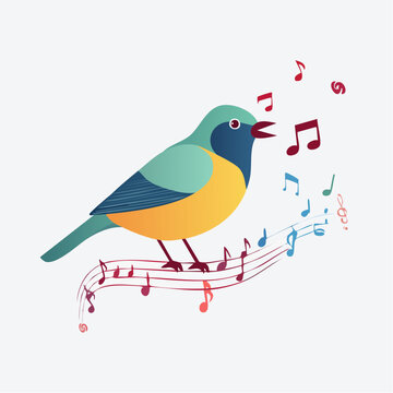 Illustration of a colorful bird singing with musical notes