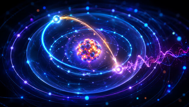 Glowing Quantum Atom With Blue Electron Orbits | Futuristic Atomic Structure With Neon Energy Trails | Abstract Particle Physics Atom Model In Dark Space
