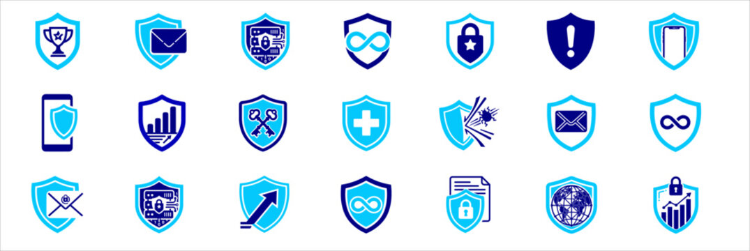 Cyber threat defense and data privacy flat icons list. Shield emblem, email encryption, medical safety, graph chart, network globe