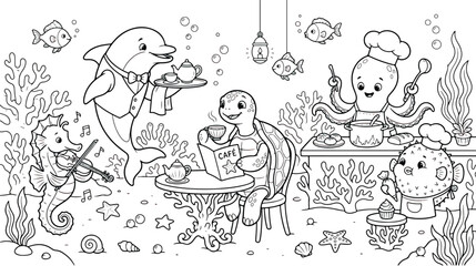 Underwater cafe coloring page with cute sea animals, whimsical ocean restaurant scene vector, cartoon dolphin waiter and octopus chef illustration © Fahad