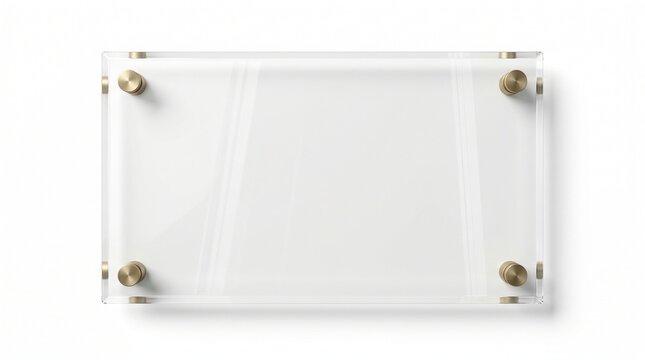 Clear acrylic frame with gold standoff bolts, transparent plexiglass sign mockup, modern glass wall plaque for office branding and interior signage
