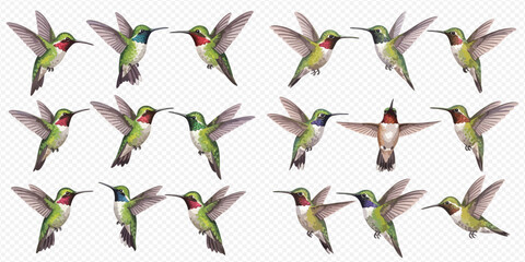 Set of various hummingbird illustrations in different poses, showcasing their vibrant colors and delicate flight. © Ytaja