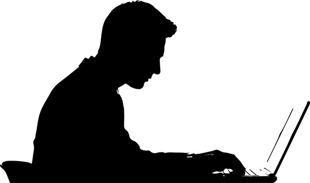 Black silhouette of man working on laptop, computer user icon, office worker profile, business technology vector