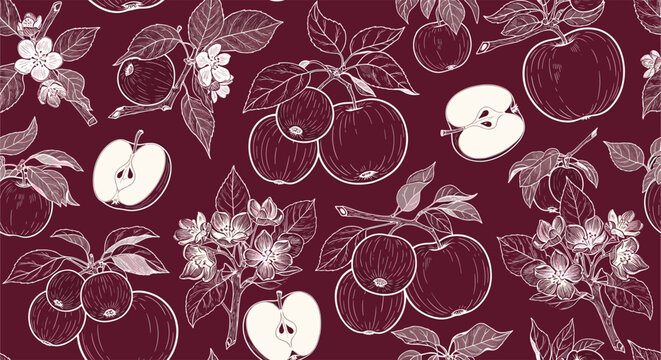 Elegant seamless pattern of white apple blossoms and fruits on a dark burgundy background for sophisticated textile design.