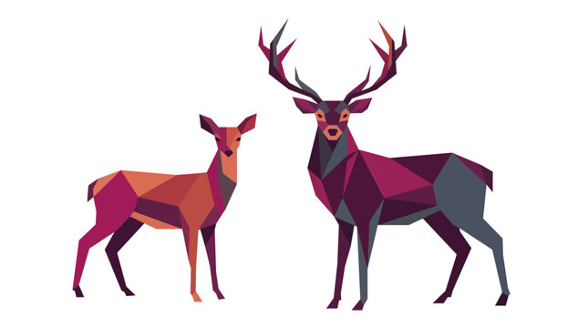 Geometric vector illustration of a majestic buck and a doe standing together, stylized in low poly art style with vibrant purple and red tones.