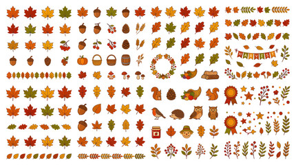 Autumn nature elements with colorful leaves forest animals and harvest © muse