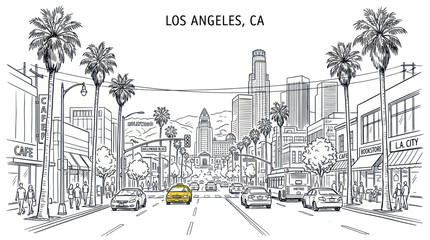 Los angeles city street with skyscrapers and palm trees line art © muse