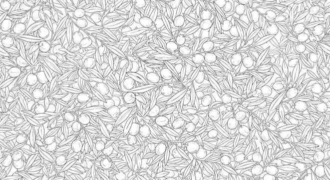 Intricate black and white seamless pattern featuring a dense arrangement of hand drawn olives on branches with leaves in vintage style.