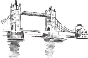 Obraz premium Black and white sketch of historic suspension bridge over river with boat passing underneath