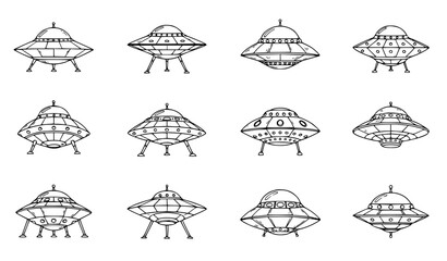 Various UFO flying saucer vector collection with hand drawn sci fi spacecraft © Romjan