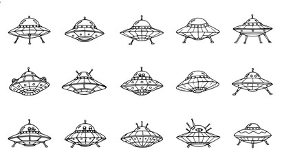 Flying saucer hand drawn vector illustrations with classic UFO spacecraft designs © Romjan