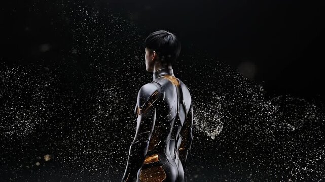 Man in a dark minimal space as a sudden internal energy flare radiates outward, lighting the entire body from within and visualizing a powerful activation surge, transformation and awakening