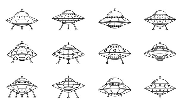 Various UFO flying saucer vector collection with hand drawn sci fi spacecraft