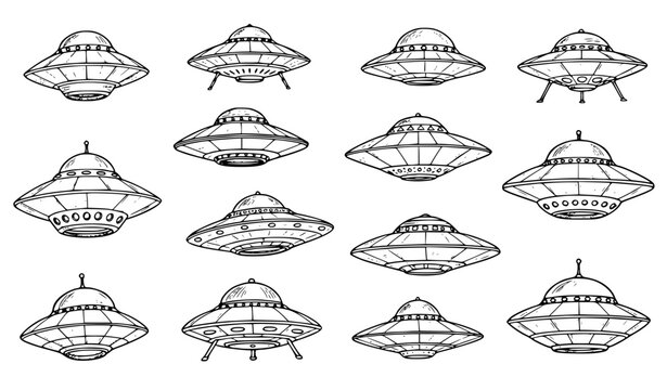 Hand drawn flying saucer vector set with retro UFO and alien spacecraft illustrations