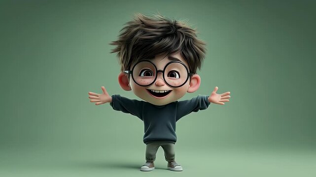 Cartoon boy with glasses arms outspread joyful expression