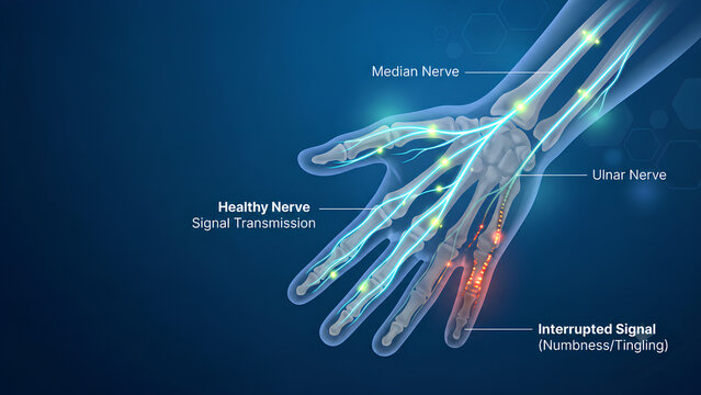 Medical infographic of human hand skeleton showing nervous system pathway median nerve and ulnar nerve compression
