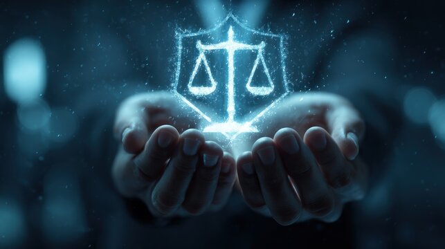 Scales of justice held in glowing hands