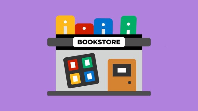 Flat Style Bookstore Building Animation with Colorful Books on Purple Background