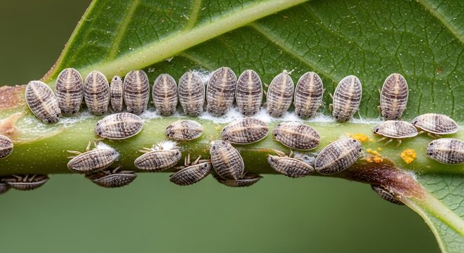 Cluster of brown and white leafhopper nymphs on a green plant stem