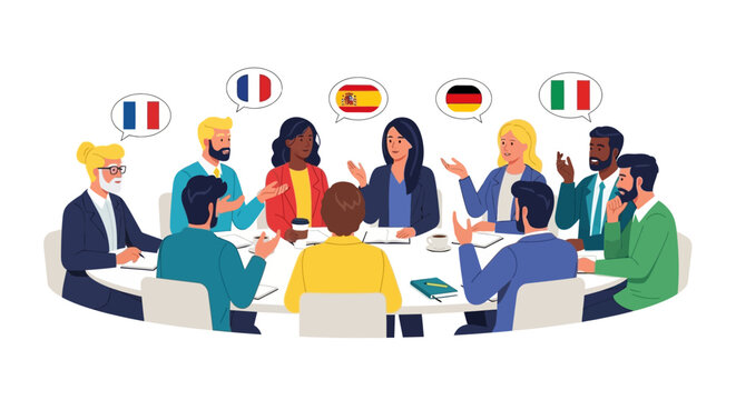 Multicultural Business Team Meeting with Language Speech Bubbles