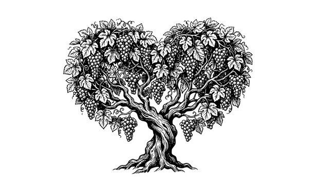 Vintage grapevine tree sketch vector with heart shaped leaves and grape clusters