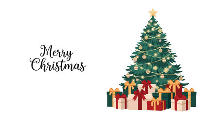 Naklejka premium Festive holiday card design featuring a decorated green Christmas tree topped with a star and a pile of colorful gift boxes.