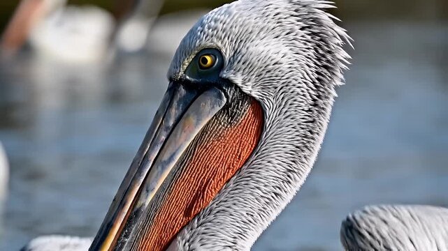 Close up of dalmatian pelican profile with orange throat pouch