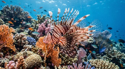 Obraz premium Lionfish Swimming over Colorful Coral Reef for Marine Education