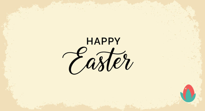 Happy easter greeting message written in elegant black calligraphy on a vintage style beige paper background with a subtle border.