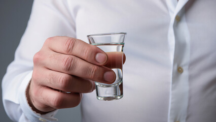 Man holding a shot glass filled with clear alcohol © Jakub