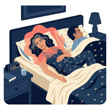 Woman perimenopause sleep disruption hot flash insomnia awake night 3AM flat 2D vector cartoon illustration, menopause symptom awareness healthcare, navy coral cream warm bedroom design