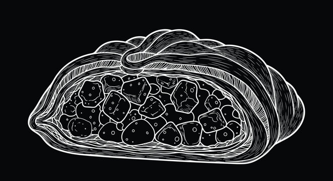 Chalkboard style white line drawing of a traditional cornish pasty filled with savory ingredients on a solid black background.