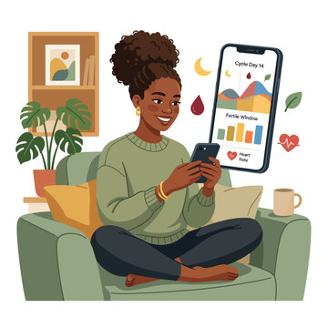 Young Black woman femtech cycle tracking hormone app smartphone empowered flat 2D vector cartoon illustration, women digital health technology wellness awareness, golden sage warm design