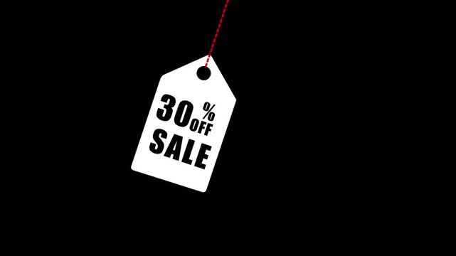 White Sale Tag with 30 Percent Off Text Hanging by Red Dashed Line on Black Background discount price