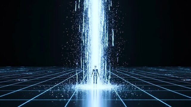 Solitary human figure in a dark XR void as a powerful vertical stream of light rises from the ground through the spine, visualizing energy ascent, alignment, and continuous bioelectric flow