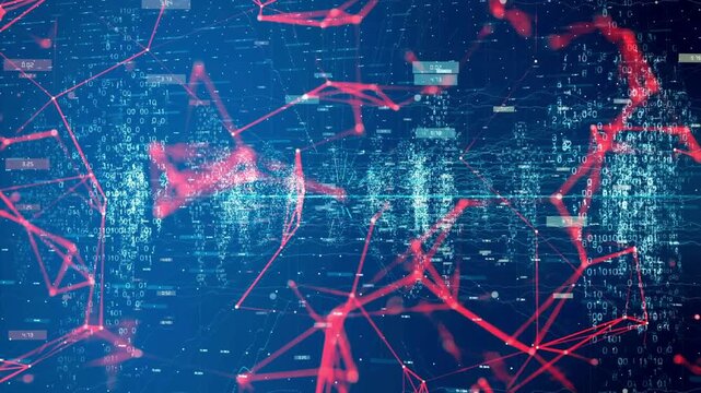 Abstract futuristic blue digital data flow background featuring binary code floating numbers and human silhouettes for artificial intelligence concepts animation.