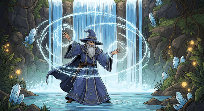 Wizard casting magic spell outdoors.