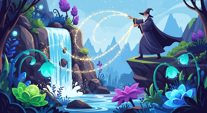 Wizard casting magic spell outdoors.
