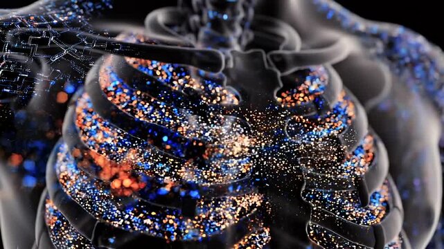 shoulder and ribcage close-up macro view as micro particles flow through transparent thoracic structure, illustrating internal dynamics, bioelectric activity, system processes and visualization