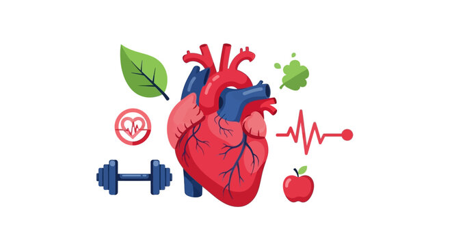 healthy heart with fitness and nutrition icons