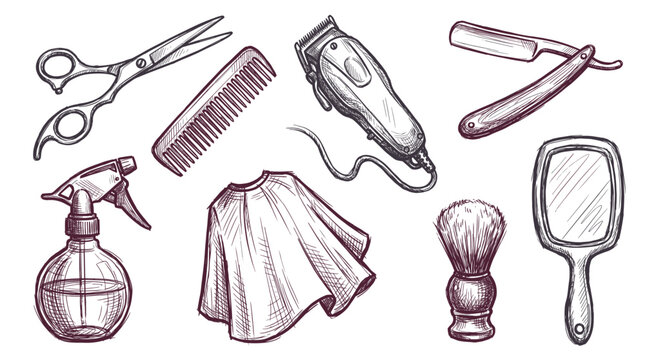 Barber Shop Grooming Tools Hand Drawn Vector Set