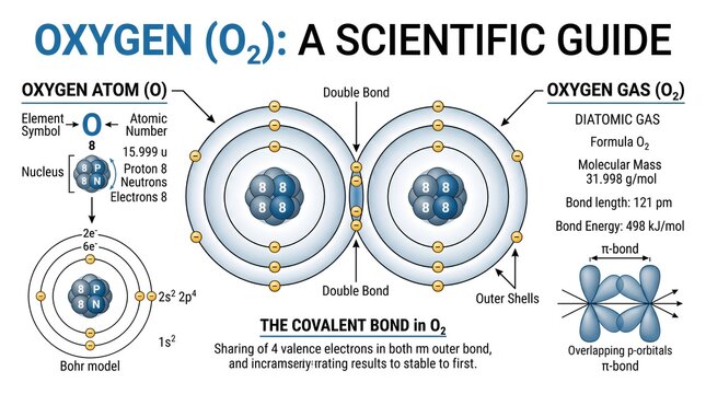 Oxygen (O₂) scientific guide infographic explaining Bohr model of the oxygen atom, formation of the O₂ molecule, covalent double bond, outer electron shells and basic molecular orbital representation 