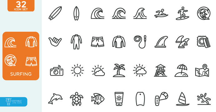 Surfing Vector illustration line editable Icons set. Ocean Waves, Surfboards, Beach Gear, and Aquatic Life, and more. on white background.
