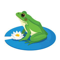 Fototapeta premium A bright green frog sitting on a blue lily pad with a white water lily flower.