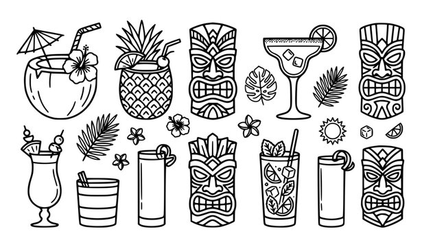 Tropical Drinks and Tiki Mask Icon Set Vector Illustration